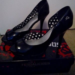 Shiny Black Peep-Toe Heels